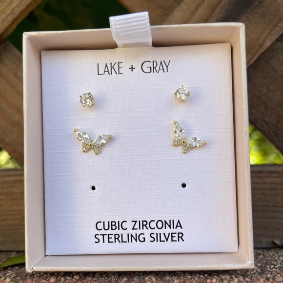 Lake + Gray 2 Piece Earrings Studs Cubic Zirconia Gold NEW - Picture 1 of 5